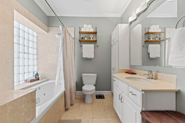 bathroom with crown molding, plenty of natural light, toilet, tile patterned floors, and vanity
