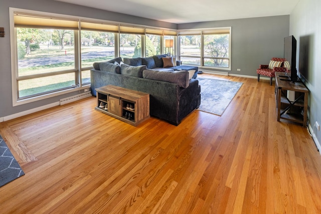 4610 Main St, Lisle, IL 60532 - living area featuring light wood-style flooring, baseboards, and a baseboard radiator