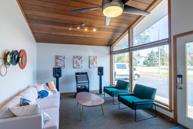 4610 Main St, Lisle, IL 60532 - carpeted living room featuring wood ceiling, baseboards, a ceiling fan, and lofted ceiling