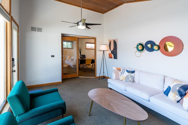 4610 Main St, Lisle, IL 60532 - carpeted living area featuring baseboards, wood ceiling, an office area, a ceiling fan, and high vaulted ceiling