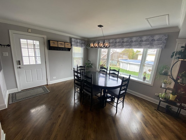 dining space featuring plenty of natural light, baseboards, crown molding, and dark wood-style floors