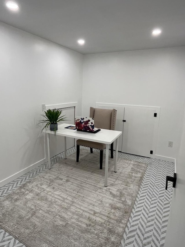 home office with recessed lighting, baseboards, and carpet floors