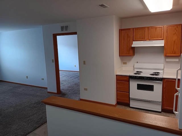 kitchen featuring white electric stove, under cabinet range hood, brown cabinetry, carpet floors, and baseboards