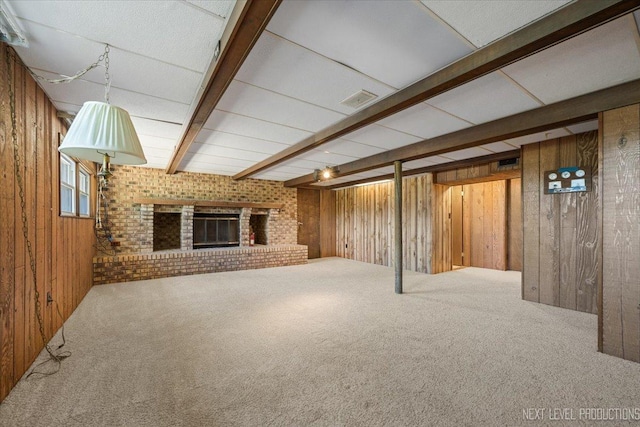 2663 Southcrest Dr, Downers Grove, IL 60516 - basement featuring wood walls, carpet, and a fireplace