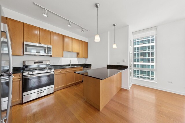 1250 S Michigan Ave Unit 1502, Chicago, IL 60605 - kitchen with appliances with stainless steel finishes, a sink, dark countertops, and light wood-type flooring