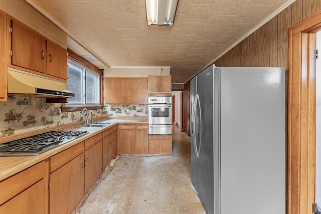 kitchen featuring appliances with stainless steel finishes, a sink, under cabinet range hood, and light countertops