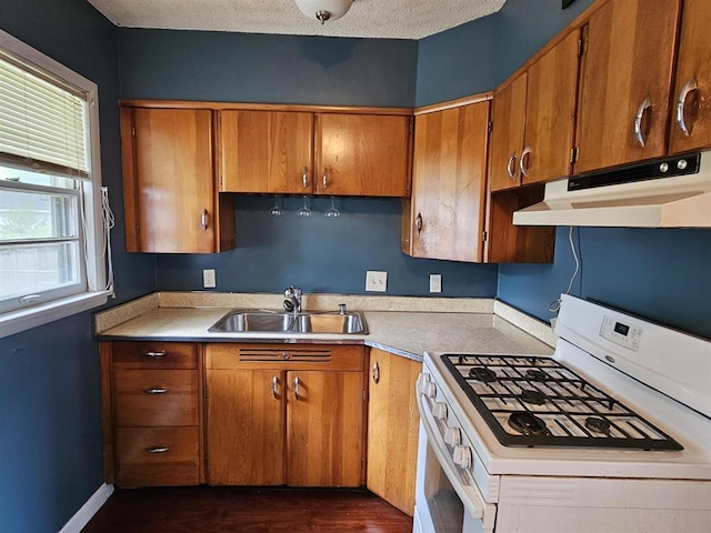 506 S 8th St, Oregon, IL 61061 - kitchen with white gas range, under cabinet range hood, a sink, light countertops, and brown cabinetry