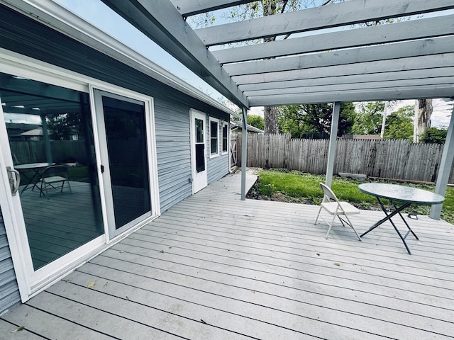 wooden deck with a fenced backyard and a pergola