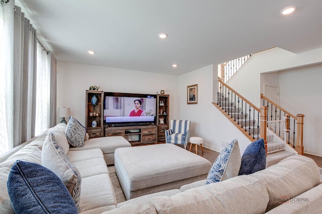 1027 Button Bush St, South Elgin, IL 60177 - living room featuring baseboards, stairway, recessed lighting, and wood finished floors