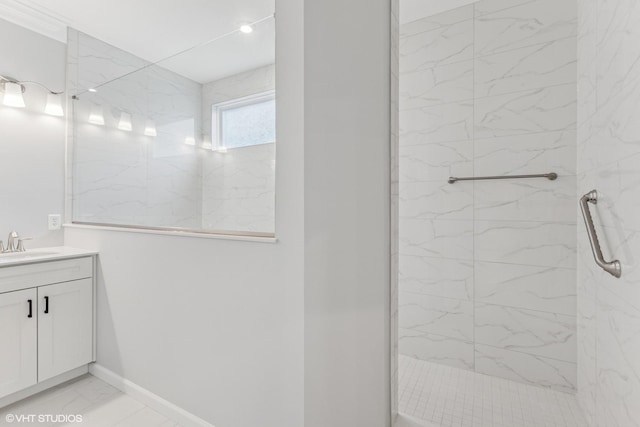2508 Weatherbee Ln, Naperville, IL 60563 - full bathroom featuring vanity, marble finish floors, a marble finish shower, and baseboards