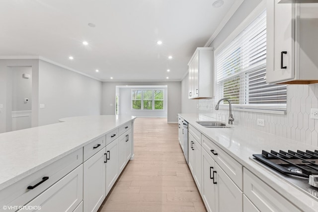 2508 Weatherbee Ln, Naperville, IL 60563 - kitchen featuring a sink, backsplash, light wood-style flooring, ornamental molding, and white cabinetry