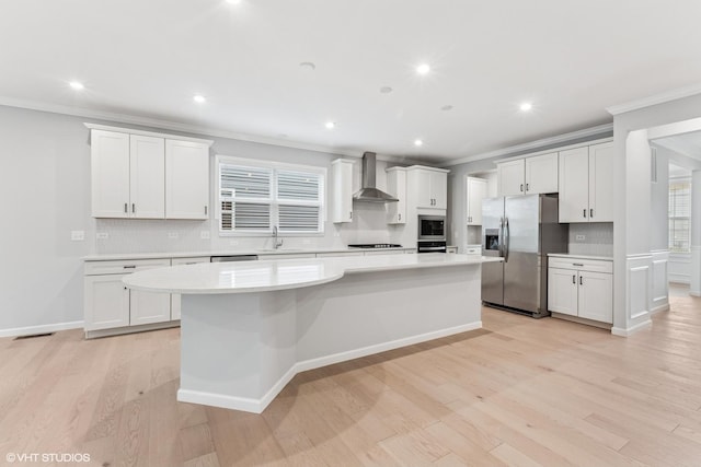 2508 Weatherbee Ln, Naperville, IL 60563 - kitchen with wall chimney exhaust hood, stainless steel appliances, a center island, crown molding, and tasteful backsplash