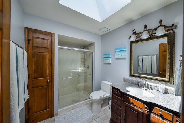 1628 Westminster Dr, Naperville, IL 60563 - bathroom with a skylight, vanity, a stall shower, and toilet
