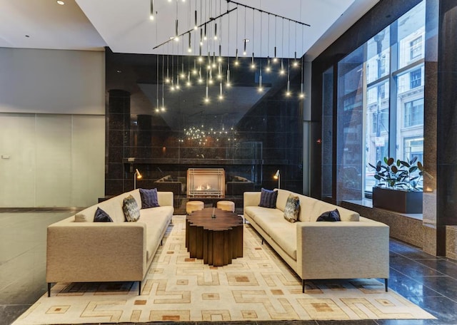 building lobby featuring a towering ceiling