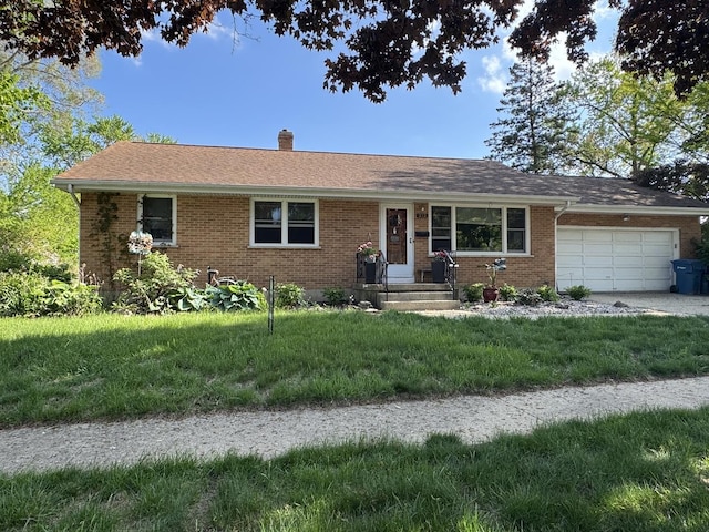 single story home with brick siding, a chimney, an attached garage, a front lawn, and a shingled roof