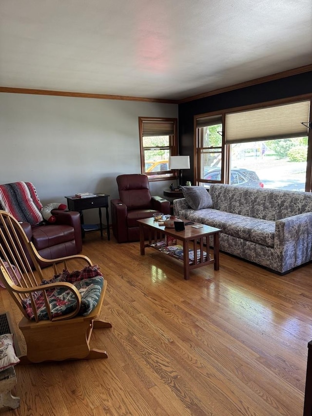 living room featuring ornamental molding and wood finished floors