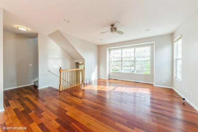 unfurnished room featuring wood finished floors, ceiling fan, baseboards, and recessed lighting