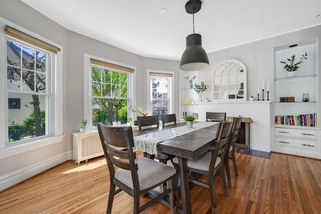 dining area with wood finished floors, radiator, and baseboards