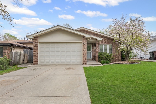 ranch-style home with an attached garage, concrete driveway, and brick siding