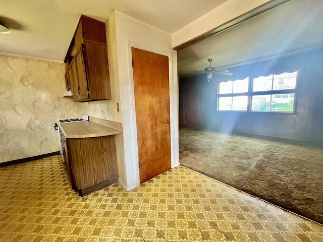 2445 E Wood St, Decatur, IL 62521 - kitchen with light carpet, brown cabinets, a ceiling fan, and light countertops