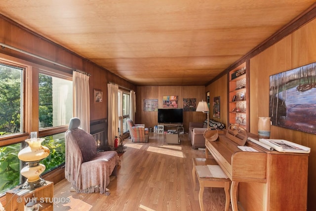 16937 W Jonathan Ln, Gurnee, IL 60031 - living area with wooden walls, wood finished floors, built in features, and wooden ceiling
