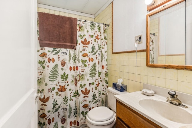 16937 W Jonathan Ln, Gurnee, IL 60031 - full bathroom featuring tile walls, vanity, toilet, decorative backsplash, and a shower with shower curtain