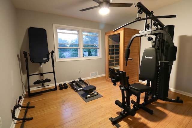 2210 Sandburg Dr, Aurora, IL 60506 - workout area featuring a ceiling fan, wood finished floors, and baseboards