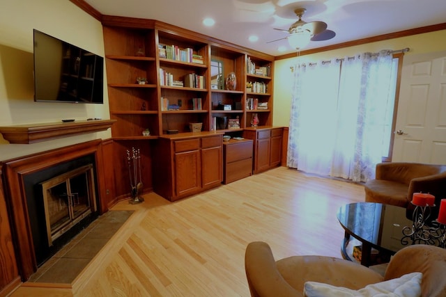 2210 Sandburg Dr, Aurora, IL 60506 - living room featuring light wood-style floors, a fireplace with flush hearth, ceiling fan, crown molding, and recessed lighting