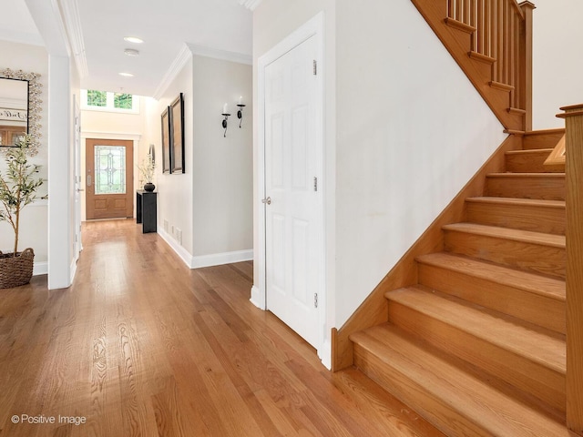 220 Kings Ct, La Grange Park, IL 60526 - entryway featuring stairway, wood finished floors, baseboards, crown molding, and recessed lighting