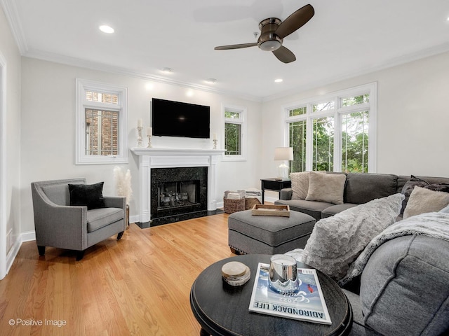 220 Kings Ct, La Grange Park, IL 60526 - living area with ornamental molding, ceiling fan, light wood-style floors, a premium fireplace, and recessed lighting