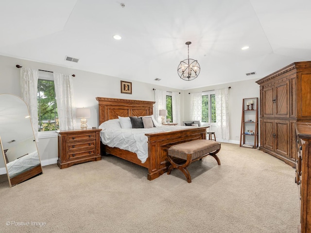 220 Kings Ct, La Grange Park, IL 60526 - bedroom with light carpet, a chandelier, baseboards, vaulted ceiling, and recessed lighting
