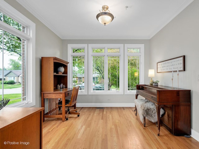 220 Kings Ct, La Grange Park, IL 60526 - office area featuring light wood finished floors, ornamental molding, and baseboards