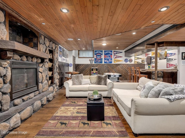 220 Kings Ct, La Grange Park, IL 60526 - living room featuring wood ceiling, recessed lighting, a stone fireplace, and wood finished floors