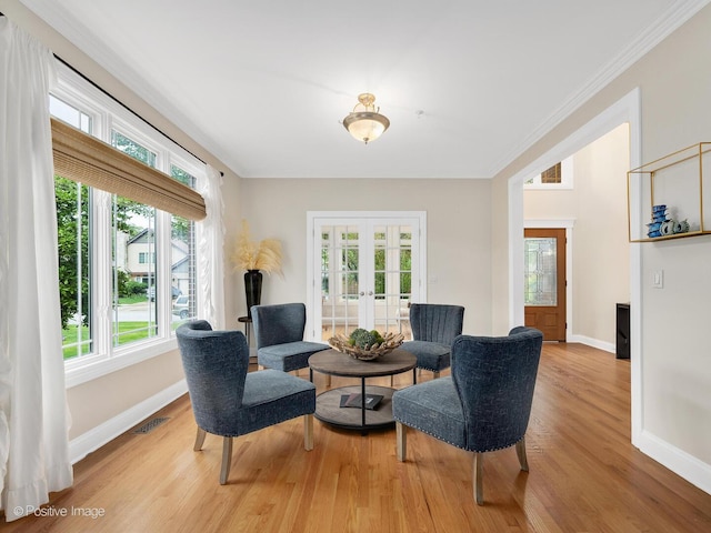 220 Kings Ct, La Grange Park, IL 60526 - sitting room featuring baseboards, wood finished floors, crown molding, and french doors