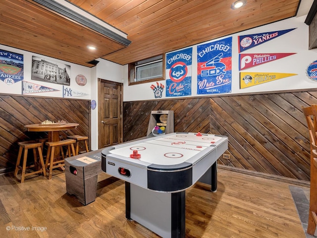 220 Kings Ct, La Grange Park, IL 60526 - rec room with wood ceiling, wood walls, wood finished floors, wainscoting, and recessed lighting