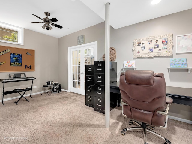 220 Kings Ct, La Grange Park, IL 60526 - office area with french doors, carpet, baseboards, and ceiling fan