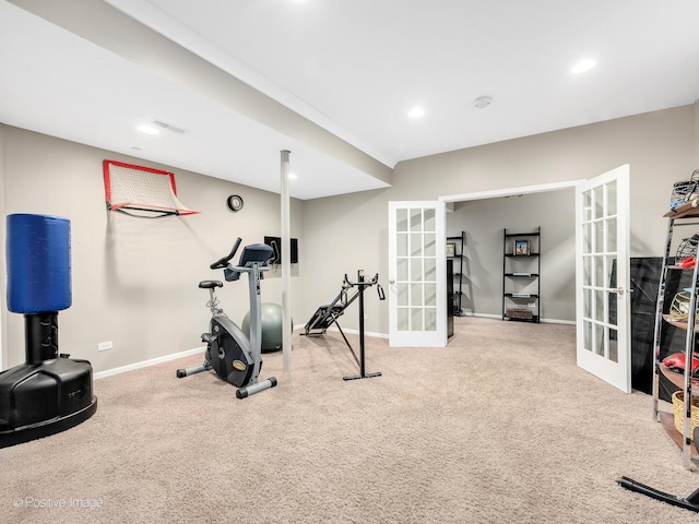 220 Kings Ct, La Grange Park, IL 60526 - exercise room with french doors, baseboards, carpet floors, and recessed lighting