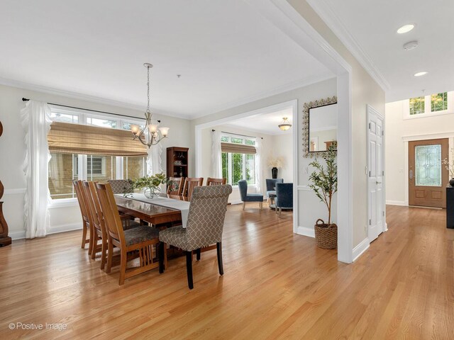 220 Kings Ct, La Grange Park, IL 60526 - dining room with ornamental molding, light wood finished floors, a chandelier, baseboards, and recessed lighting