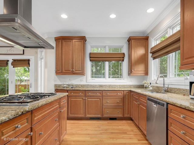 220 Kings Ct, La Grange Park, IL 60526 - kitchen with stainless steel appliances, wall chimney range hood, a sink, crown molding, and light wood-style flooring