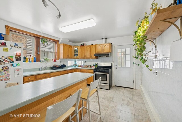 4842 N California Ave, Chicago, IL 60625 - kitchen featuring stainless steel gas stove, freestanding refrigerator, under cabinet range hood, a sink, and glass insert cabinets