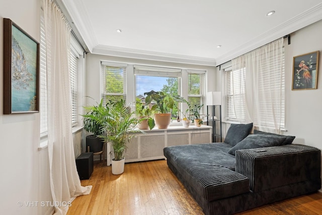 4842 N California Ave, Chicago, IL 60625 - sitting room featuring radiator, hardwood / wood-style flooring, crown molding, and recessed lighting