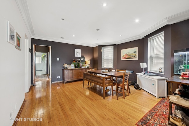 4842 N California Ave, Chicago, IL 60625 - dining area featuring light wood-type flooring, healthy amount of natural light, ornamental molding, baseboards, and recessed lighting