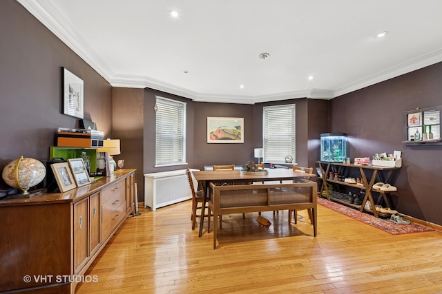 4842 N California Ave, Chicago, IL 60625 - dining area featuring ornamental molding, light wood-type flooring, healthy amount of natural light, baseboards, and recessed lighting
