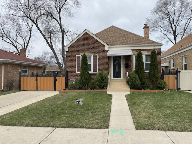 3846 Brummel St, Skokie, IL 60076 - bungalow-style home with a gate, brick siding, a shingled roof, and a chimney