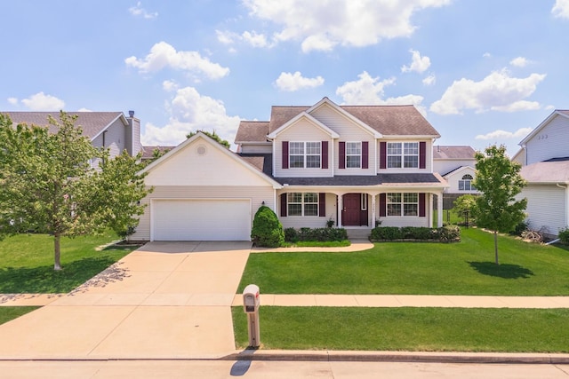 traditional home with an attached garage, a front lawn, concrete driveway, and a porch