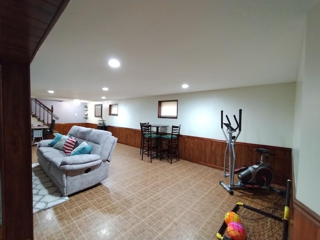 1173 Lucas St, Calumet City, IL 60409 - living area with a wainscoted wall, wood walls, stairway, and recessed lighting