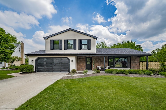 view of front of house featuring an attached garage, brick siding, concrete driveway, covered porch, and a shingled roof