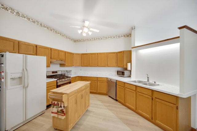 2235 177th St, Lansing, IL 60438 - kitchen featuring stainless steel appliances, a sink, under cabinet range hood, a ceiling fan, and wood counters
