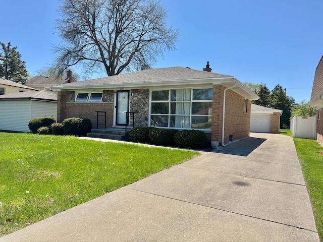 8344 N Milwaukee Ave, Niles, IL 60714 - ranch-style home with brick siding, a chimney, a front lawn, and a detached garage