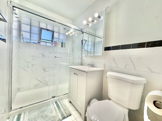 8344 N Milwaukee Ave, Niles, IL 60714 - bathroom featuring toilet, a stall shower, tile walls, and vanity